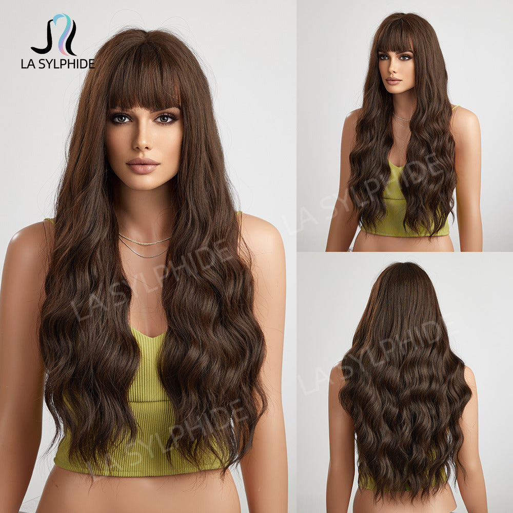 Female Dark Brown Dyed Light Bangs Curly Hair Mechanism Head Wig Long Curls