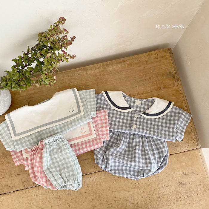 Style Infant Refreshing Plaid Academy Short Sleeve Bulky Underpants Born Children's Suit