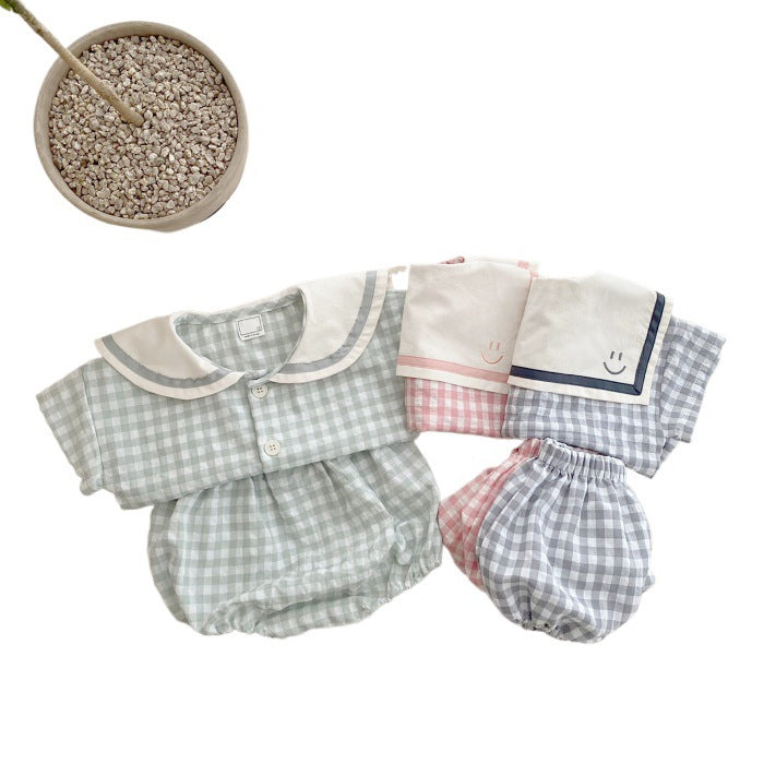 Style Infant Refreshing Plaid Academy Short Sleeve Bulky Underpants Born Children's Suit