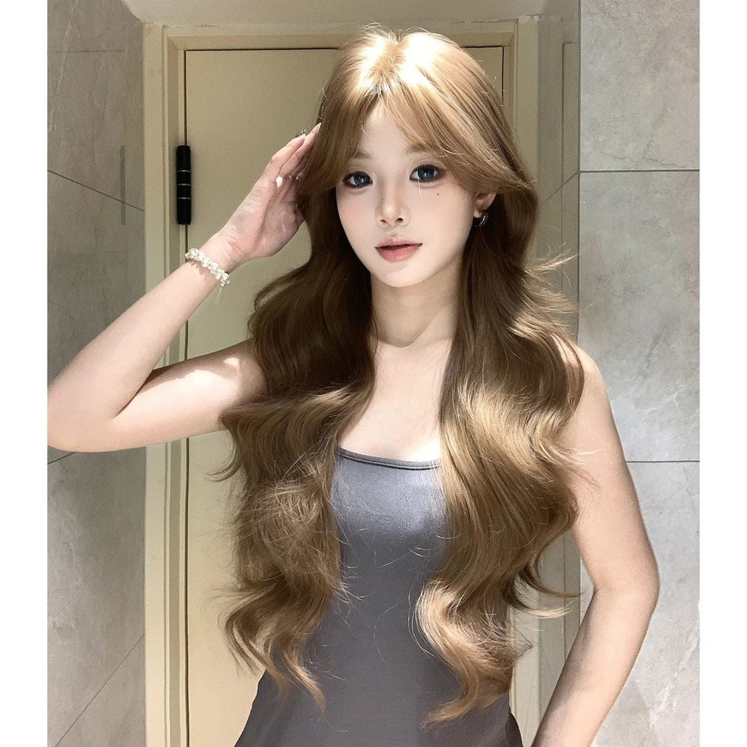 Korean Style Gold Female Linen Brown Elegant Big Wave Curly Wig Long Curls