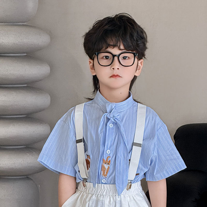 Children's Set Summer Blue Striped Outfit Performance Clothes Children's Shirt