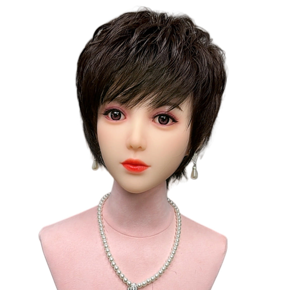 Women's Hand-woven Delivery Needle Mother's Sheath Real Wig Short Curly Hair