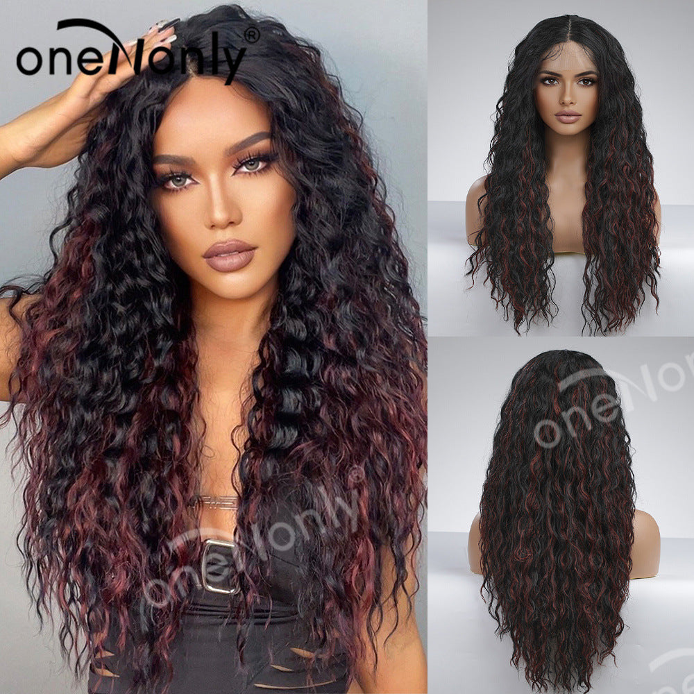 Wine Red Mixed Color Front Lace Wigs With Small Curly Wig Long Curls