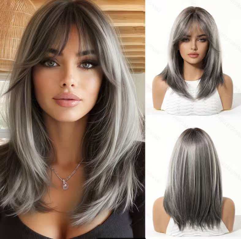 Women's Layered Bangs Gradient Dyeing Natural Fashion Wig Long Curls