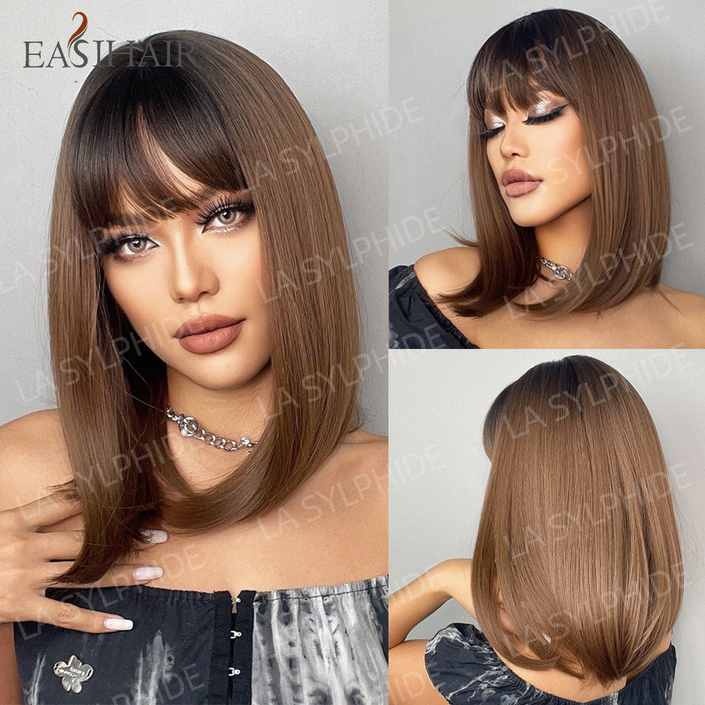 Synthetic Bob With Bang Brown Hair Long Straight Wig