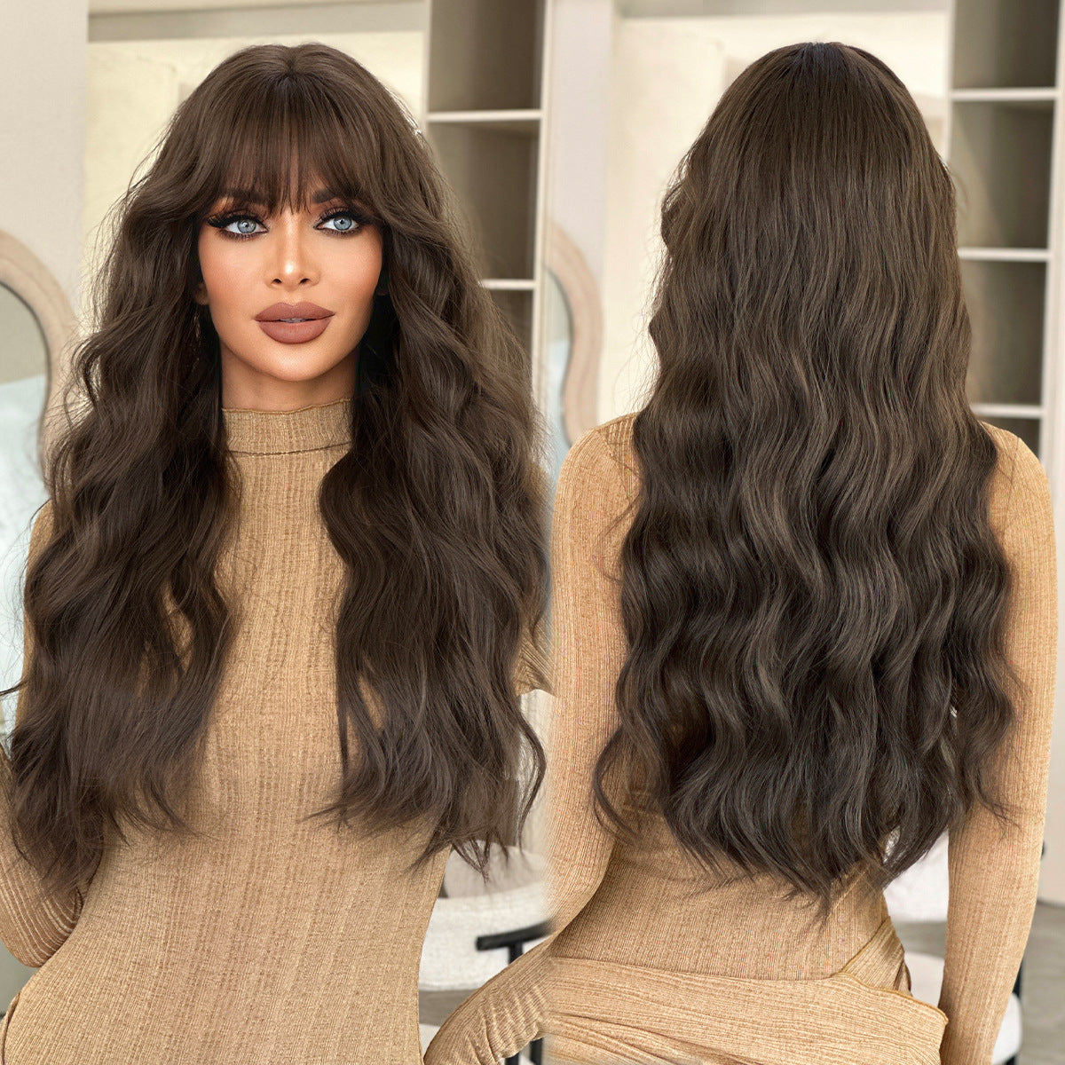 Black Tea Brown Straight Bangs Curly Wig Long Curls