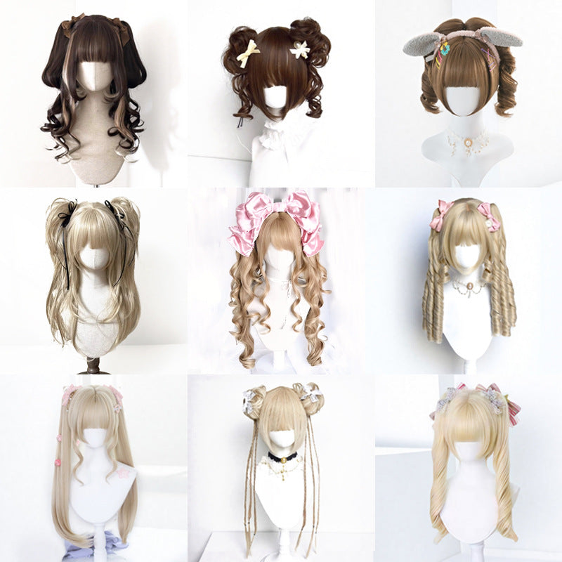 Lolita Grip Pairs Ponytail Roman Roll Feeling Golden Black Wig Short Curly Hair