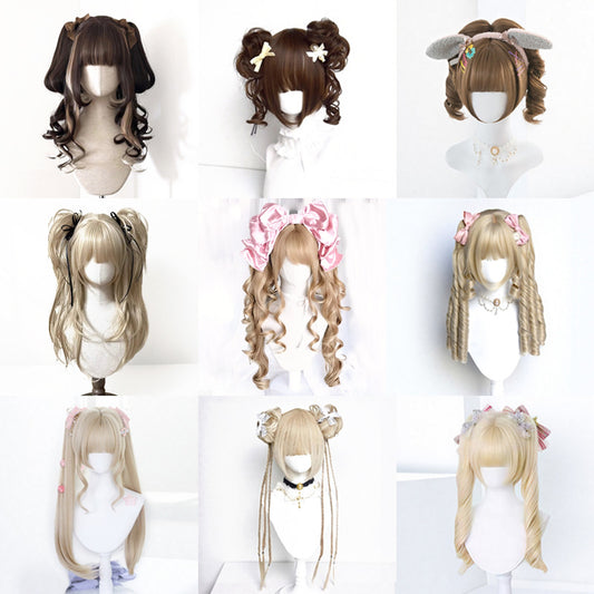 Lolita Grip Pairs Ponytail Roman Roll Feeling Golden Black Wig Short Curly Hair