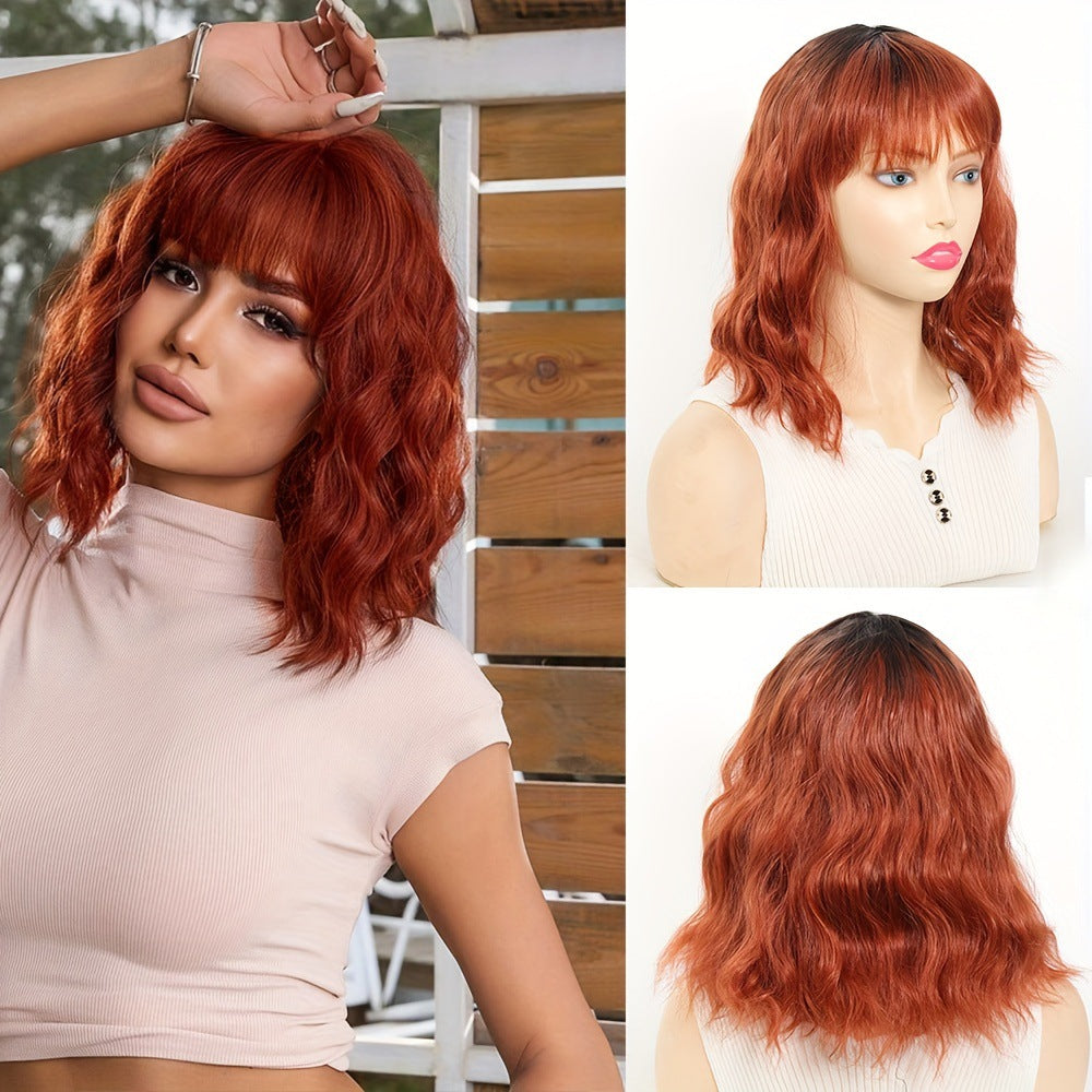 Women's Wavy White Bob Bangs Soft Synthetic Wig Short Curly Hair
