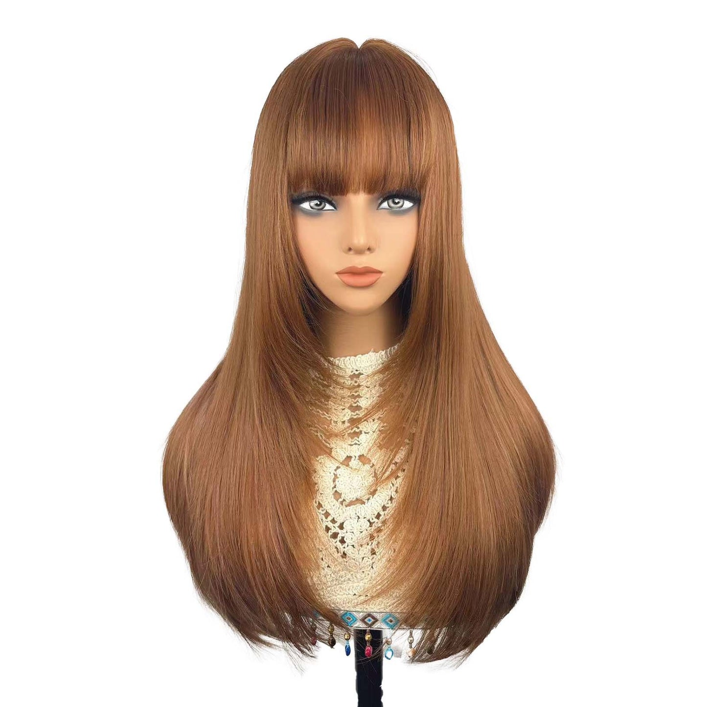 Brown Gradient Bangs Top Dyed Layered Long Straight Wig
