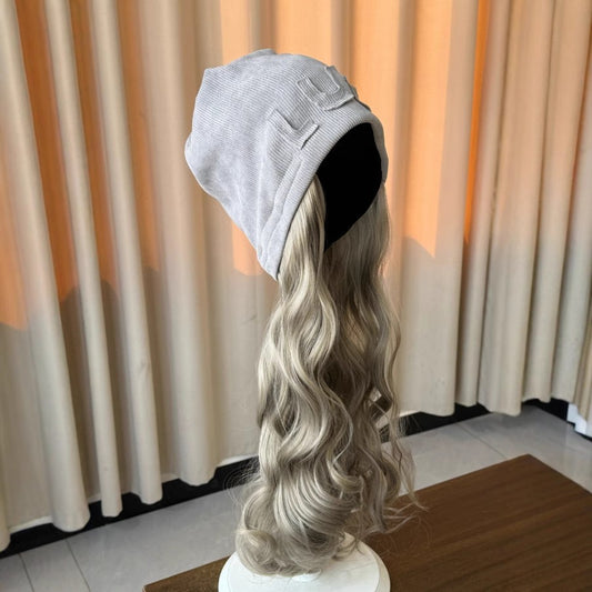 Beanie Hat One Detachable Fashion Cool Gray Street Pile Heap Wig Long Curls