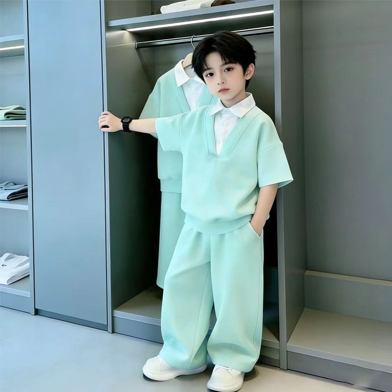 Children's Boy's Summer Pu Short-sleeved Clothes Korean Style Western Leisure Children's Suit
