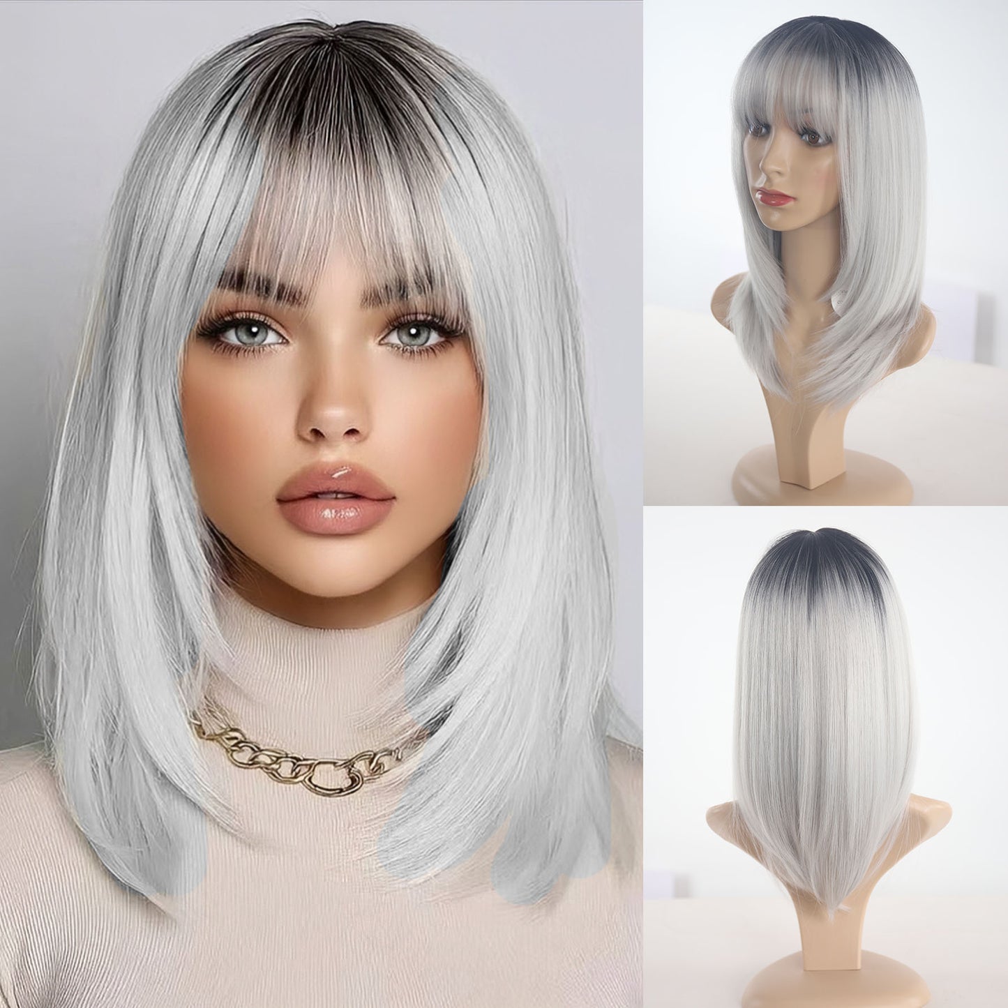 Women's Gradient Gray Mid-length Bangs Fiber High-level Wig Short Straight Hair