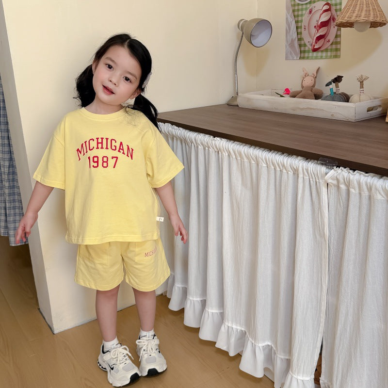 Korean Cute Printed Knitted Short-sleeved Shorts Suit Cotton Casual Children's T-shirt
