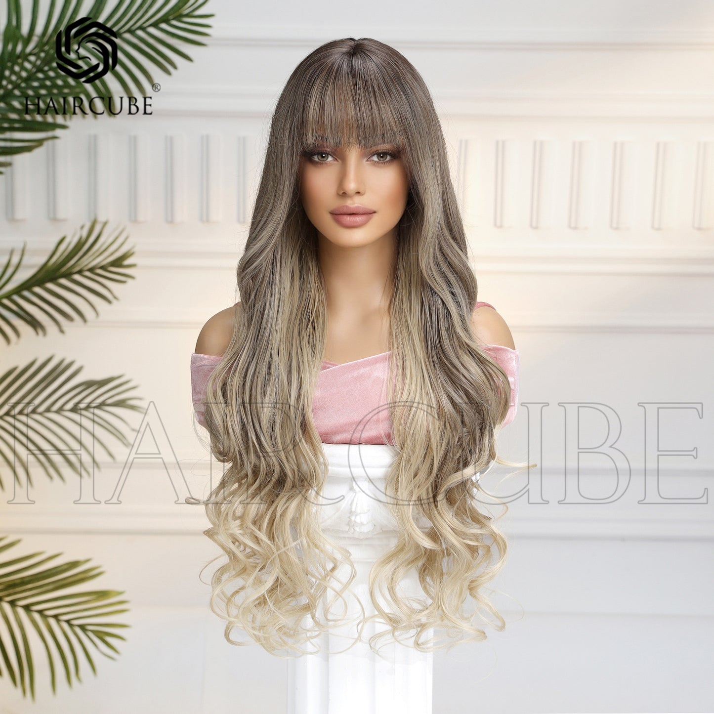 Dark Brown White Gold Color Highlight Wig Long Curls