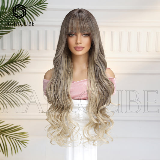 Dark Brown White Gold Color Highlight Wig Long Curls