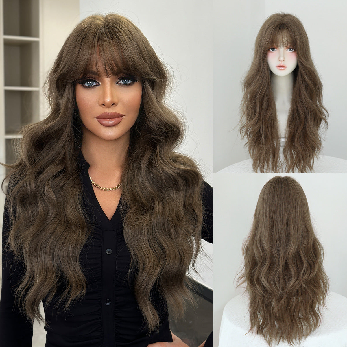 Black Tea Brown Straight Bangs Curly Wig Long Curls