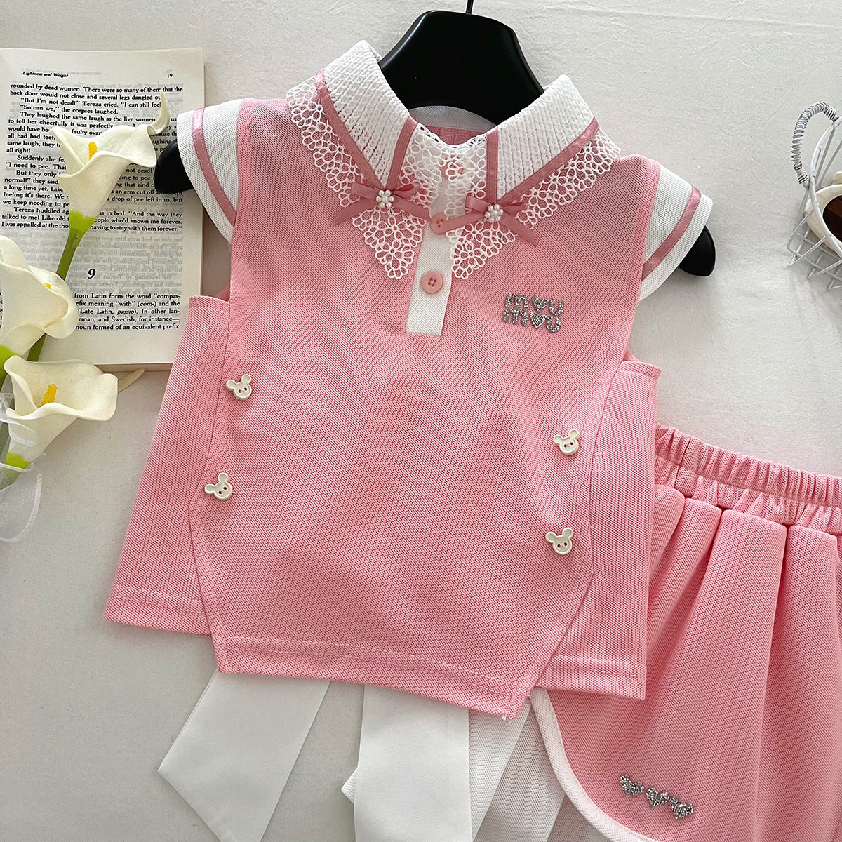 Summer Lapel Flower Bow Tie Vest Top Lace Skirt Children's Suit