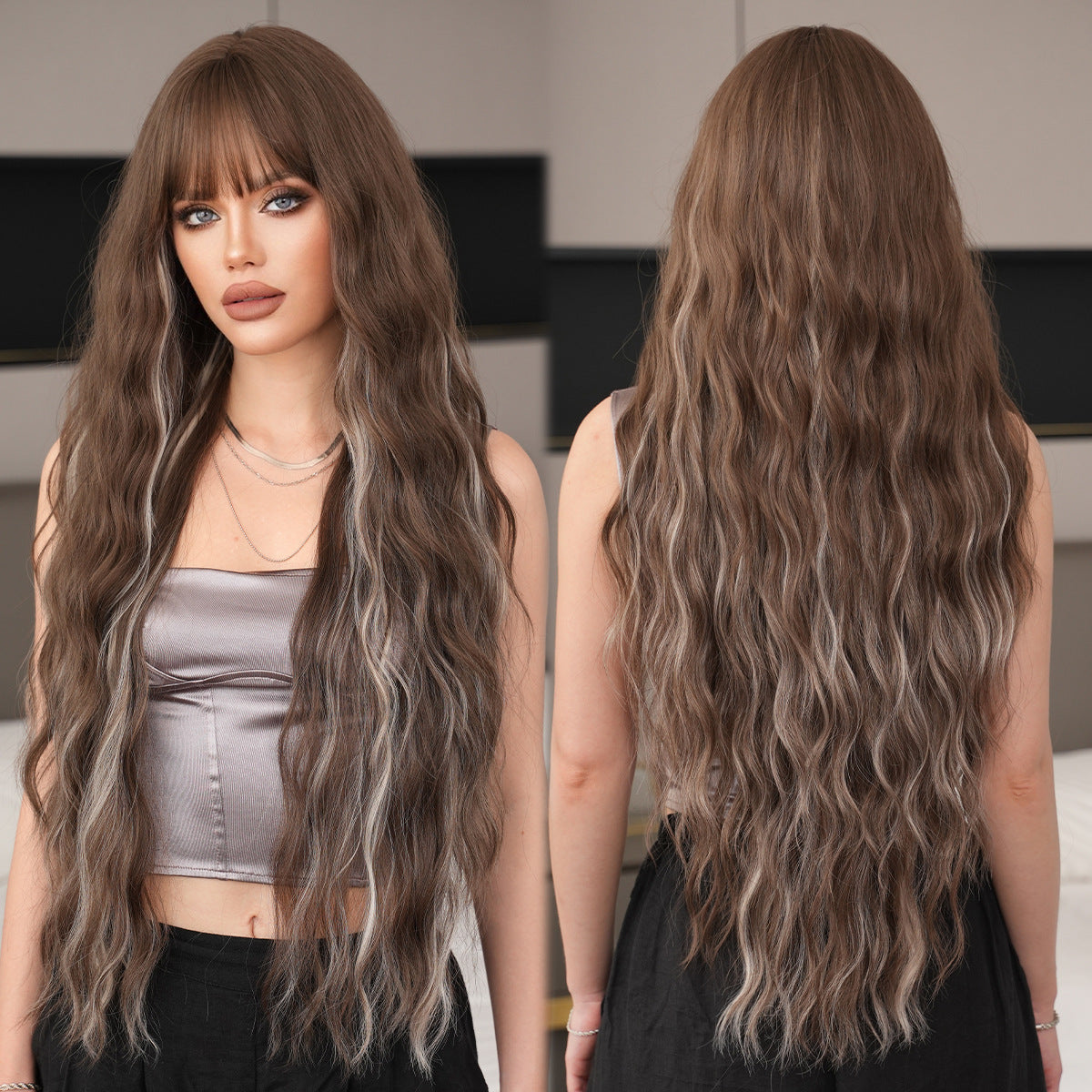 Hair Bangs Brown Dyed Gray Heat Wig Long Curls