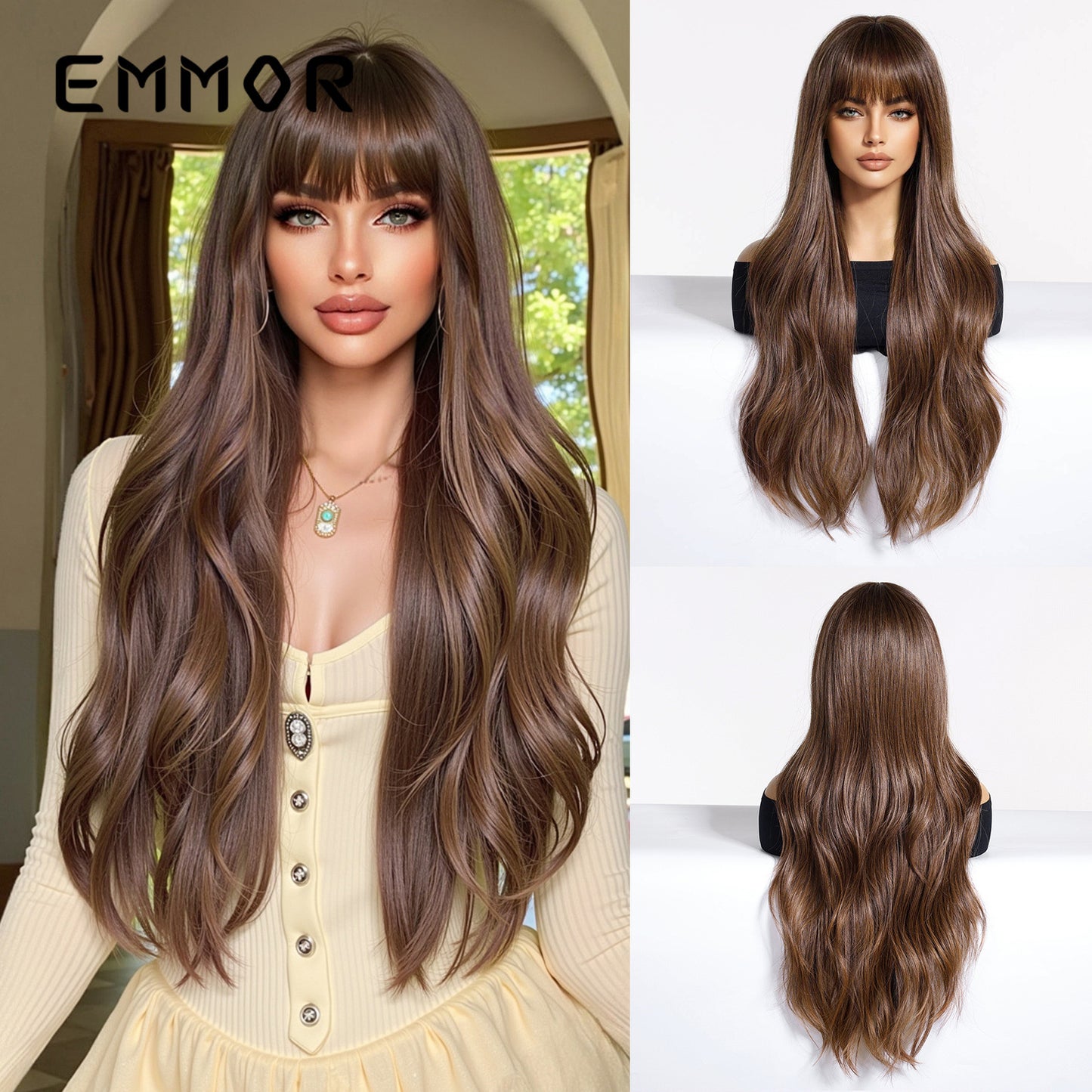 Female Gradient Pink Air Bangs Curly Hair Matte Fiber Wig Long Curls