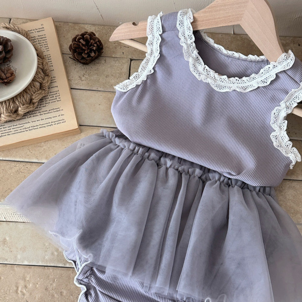 Sleeveless T-shirt Bottoming Shirt Yarn Skirt Princess Two-piece Children's Suit