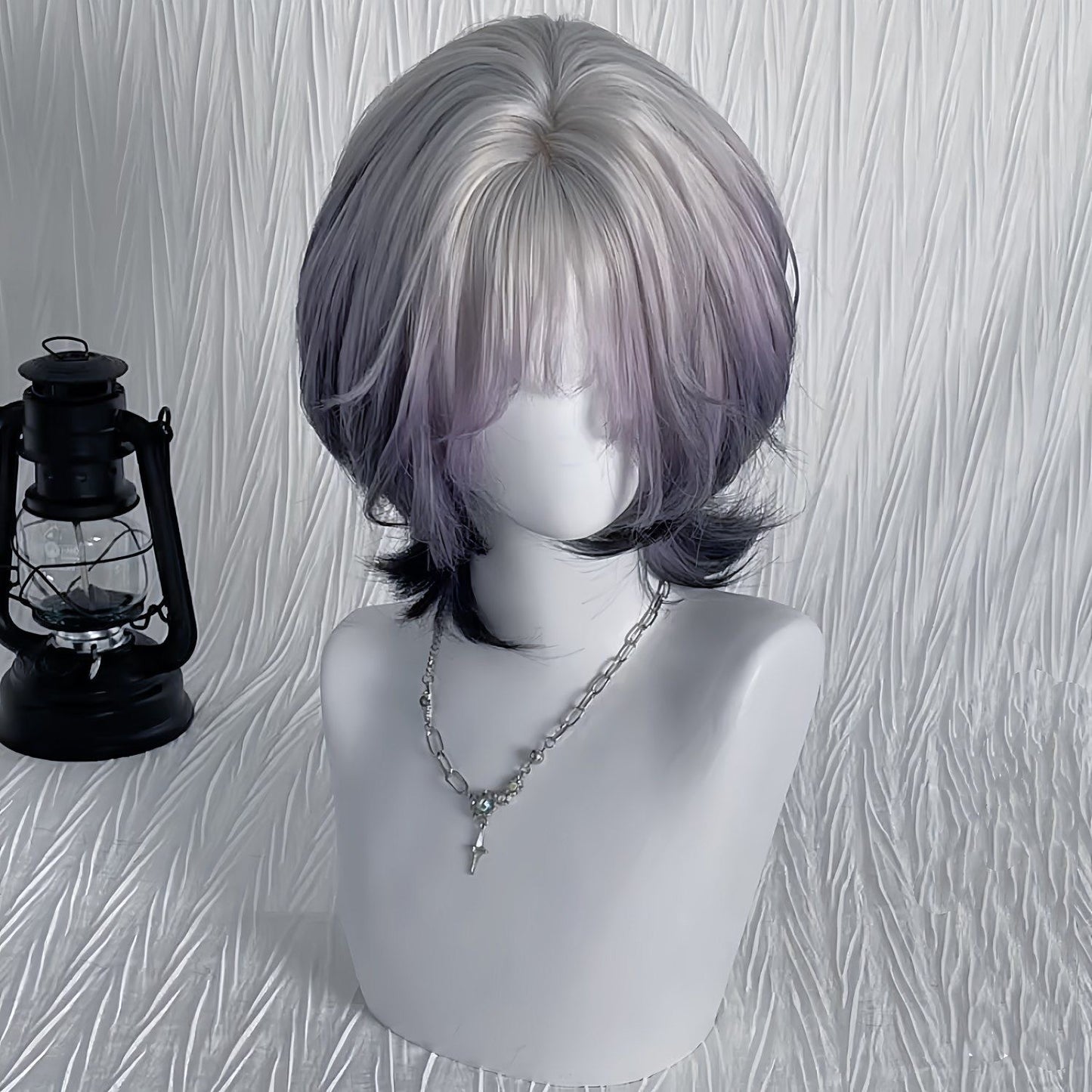Purple Mist Roaming Female Layer White Gradient Wig Short Curly Hair