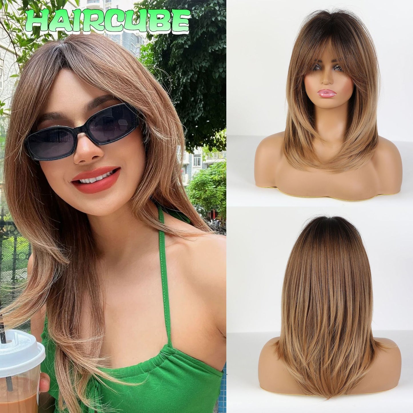 Female Hair Head Gradient Color Golden Bangs Cover Long Straight Wig