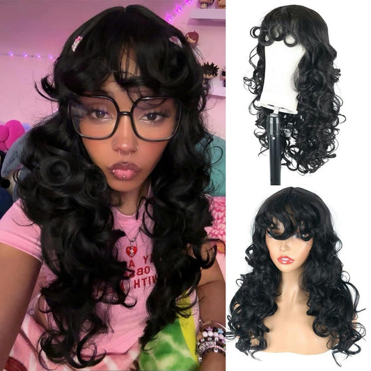 Small Curly Hair Bangs Black Head Cover Wig Long Curls