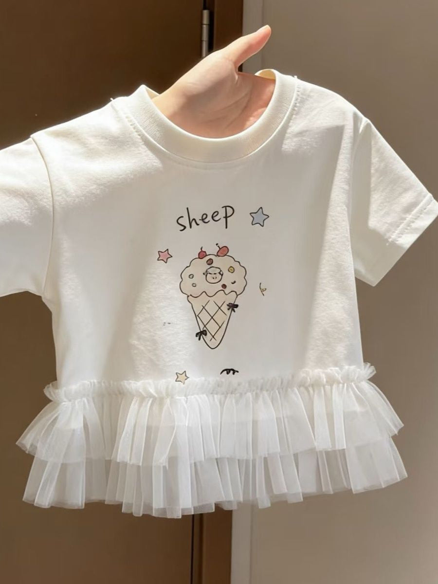 Children's Summer Cute Ice Cream Pattern Lace Edge Children's T-shirt
