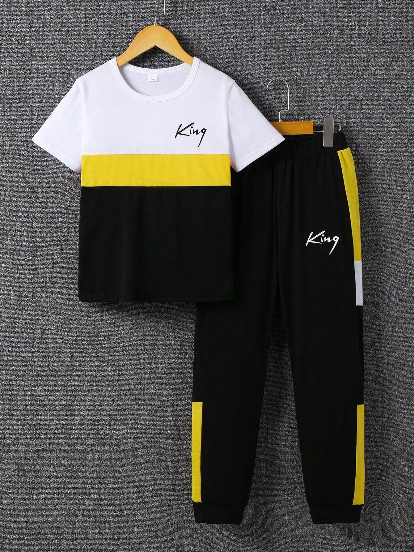 Men's Medium Big With Brown Letters Short Sleeve Lengthened Blouse Pants Children's Suit