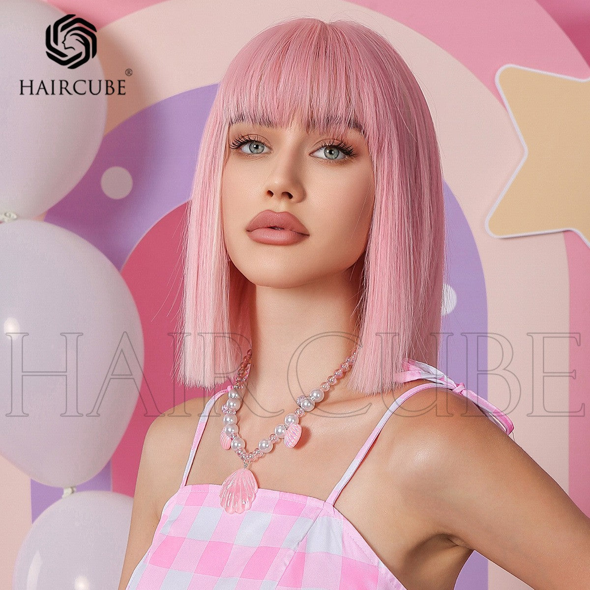 Pretty Head Cover Gradient Wave Bangs Wig Short Straight Hair