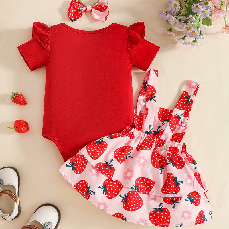 Sleeve Triangle Rompers With Strawberry Printed Suspender Dress Jumpsuit, Climbing Suit