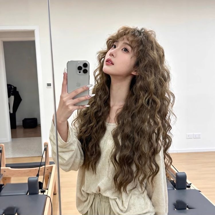 Style Small Curls Bangs Curly Hair Linen Brown Egg Roll Long Straight Wig