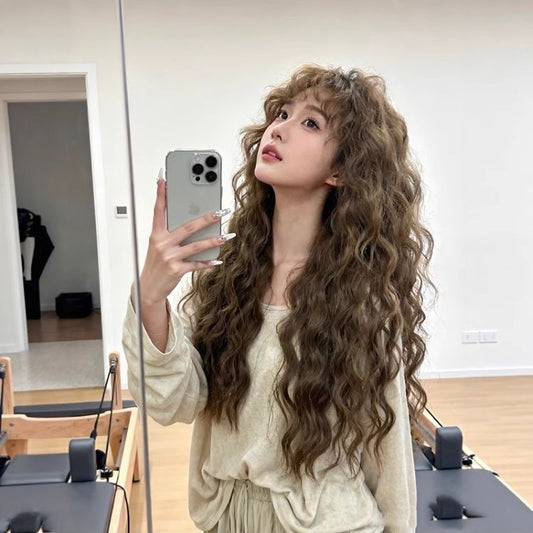 Style Small Curls Bangs Curly Hair Linen Brown Egg Roll Long Straight Wig