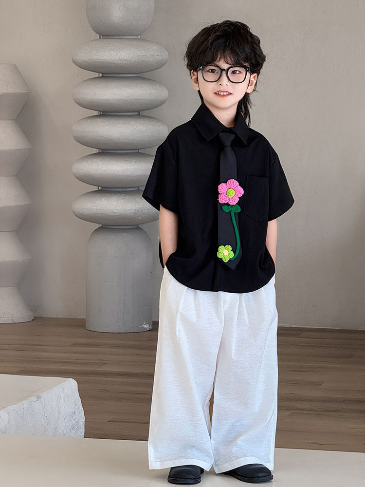 Children's Summer Korean Style Short Sleeve Western Solid Color Children's Shirt