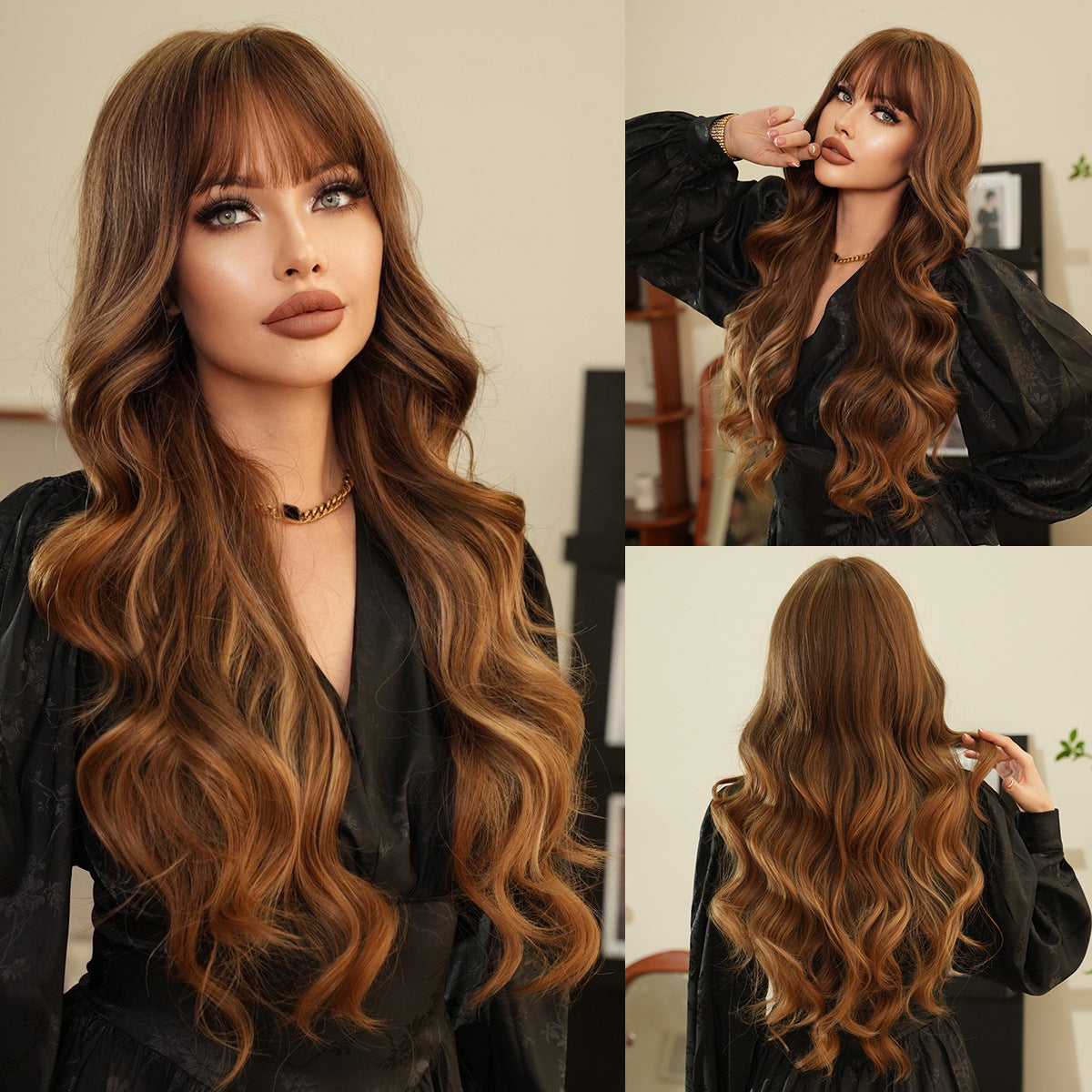 Golden Highlight Curly Hair Large Corrugated Wig Long Curls