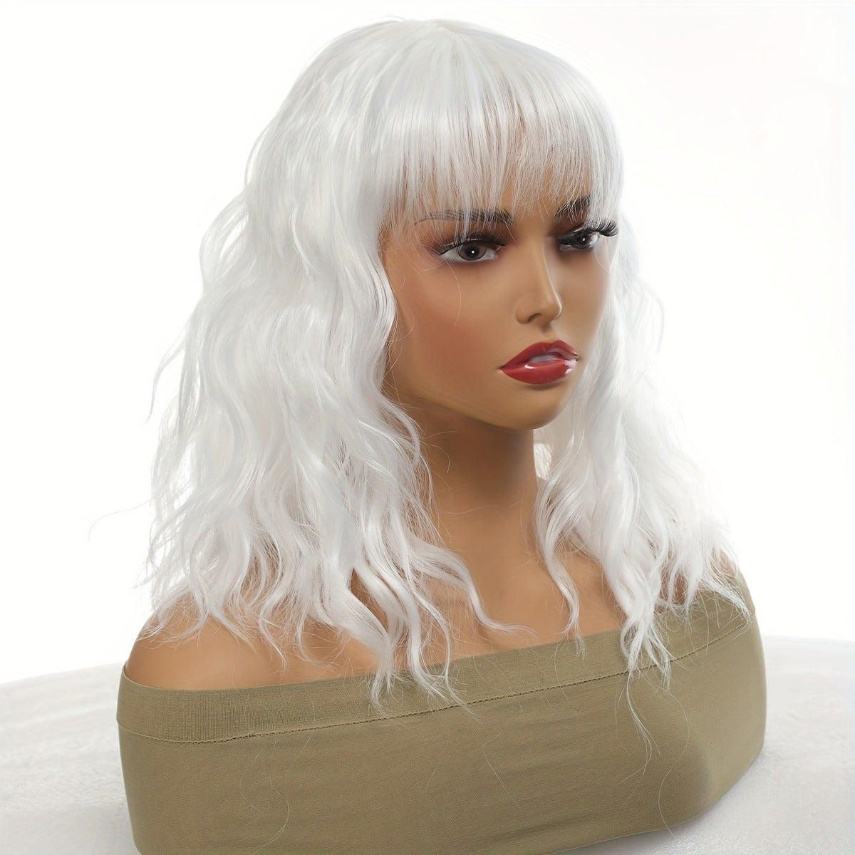 Women's Wavy White Bob Bangs Soft Synthetic Wig Short Curly Hair