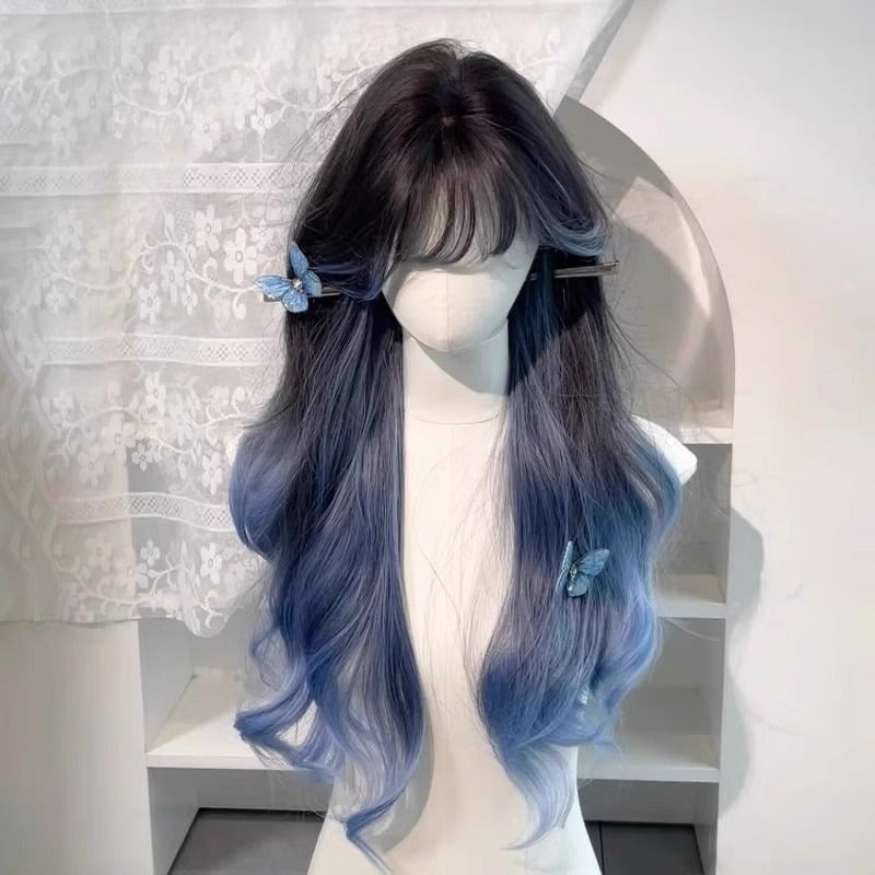 Net Blue Highlight Gradient Straight Bangs Fluffy Natural Long Curly Wig