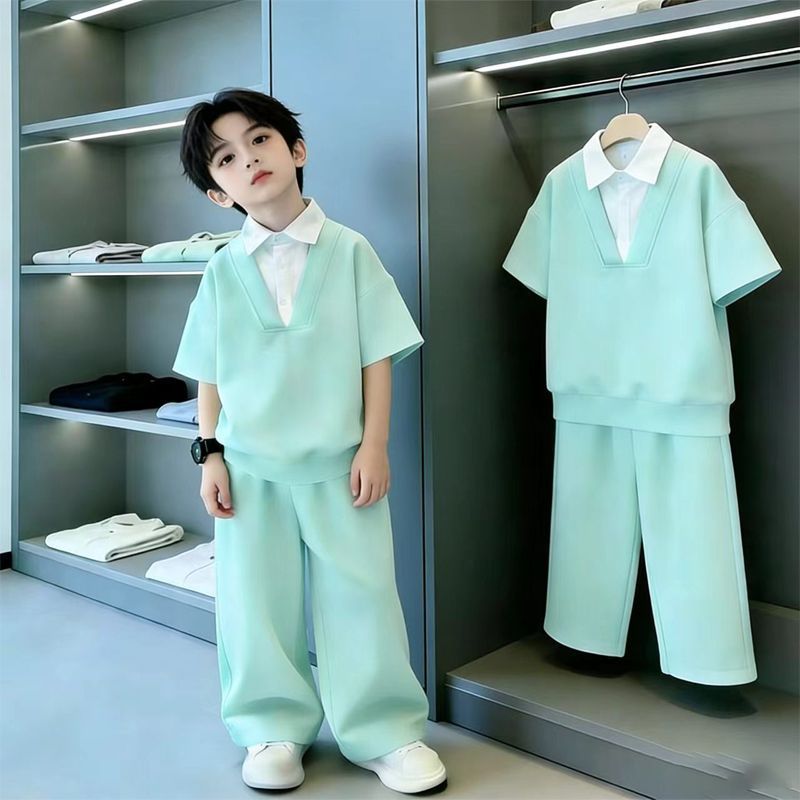 Children's Boy's Summer Pu Short-sleeved Clothes Korean Style Western Leisure Children's Suit