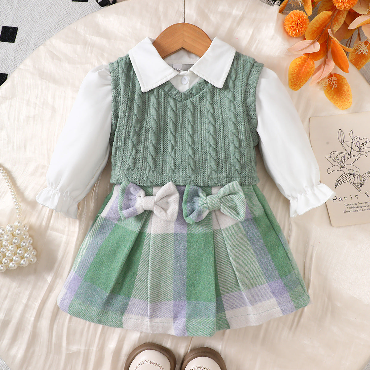 Autumn Preppy Style Long Sleeve Inner Fir Plus Sleeveless Sweater Children's Suit