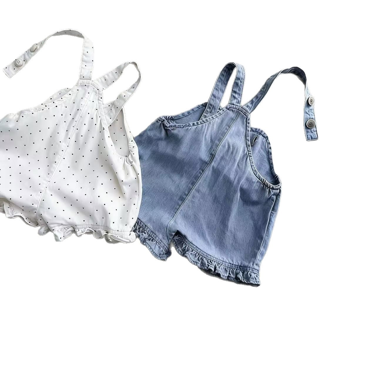 Korean Style Pleated Lace Denim Suspender One-piece Children's Pants