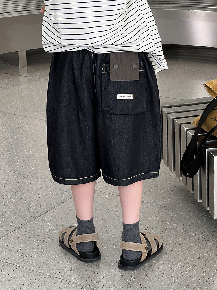 Korean Style Fashion Retro Characteristic Pocket Design Casual Soft Denim Children's Pants