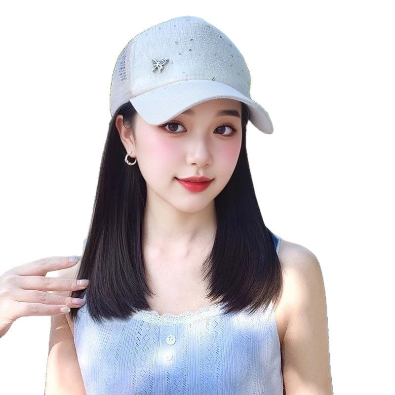 Hollow Inner Buckle Baseball Cap Collarbone Net Long Straight Wig