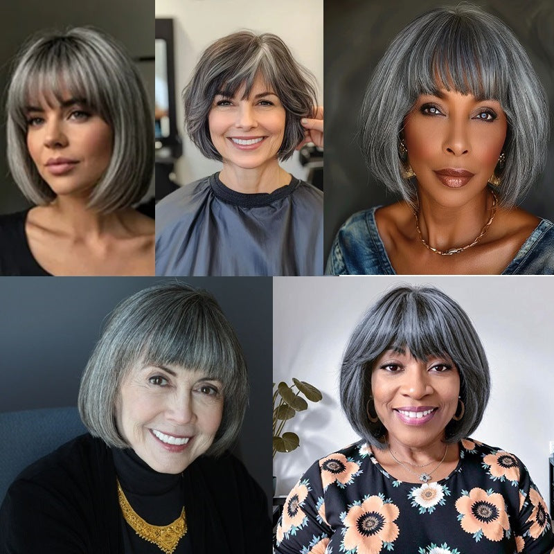 Mechanism Short Dark Gray Light Granny Grey Real Hair Wig