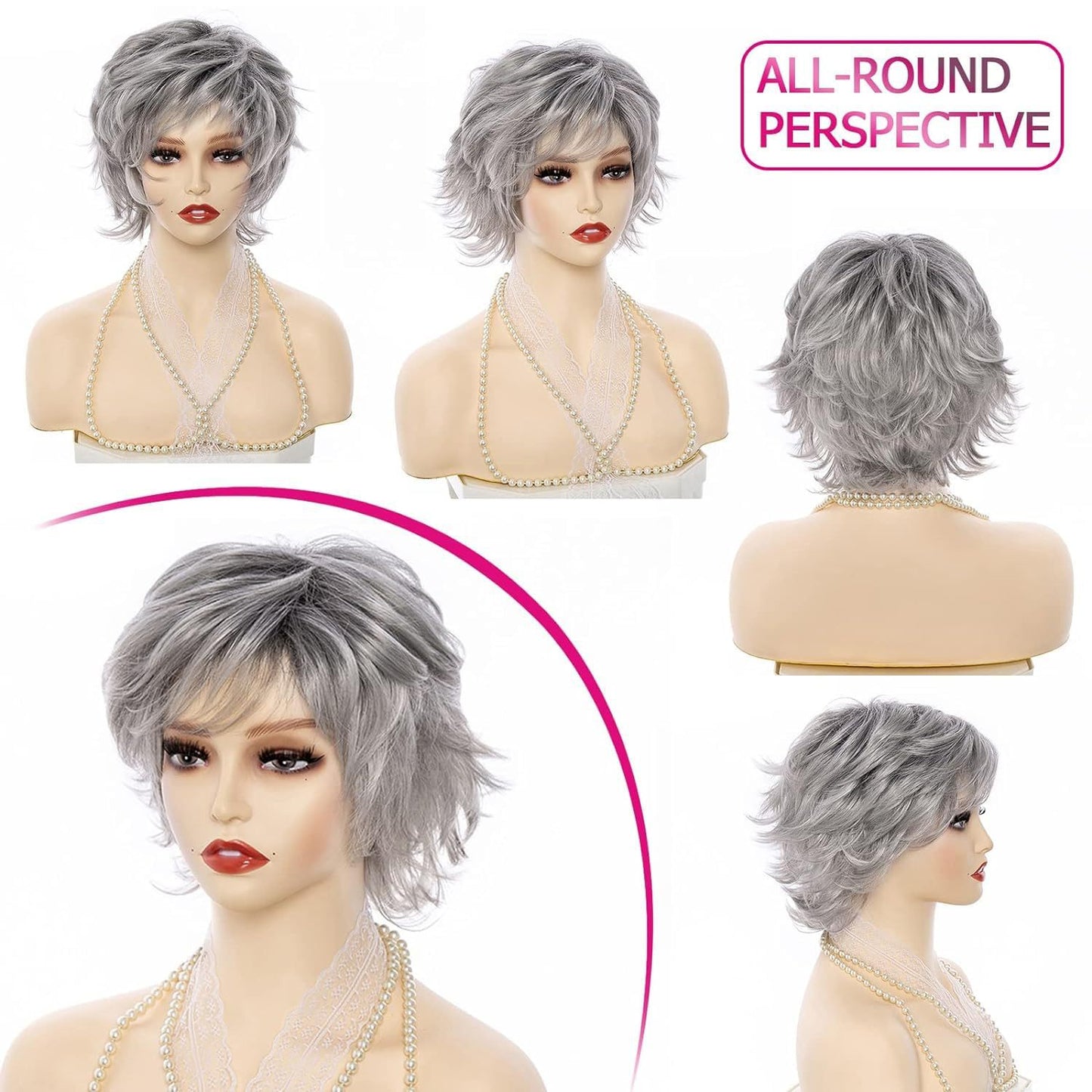 White Mixed Color Fashion Head Cover Fluffy Wig Short Curly Hair