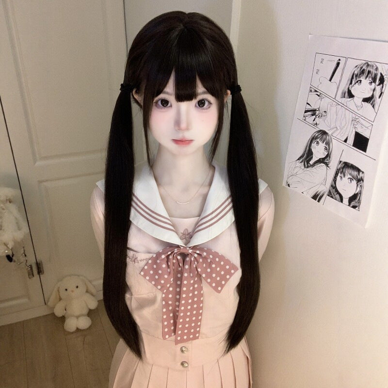 Female Hair Double Ponytail Finished Shape Long Straight Wig