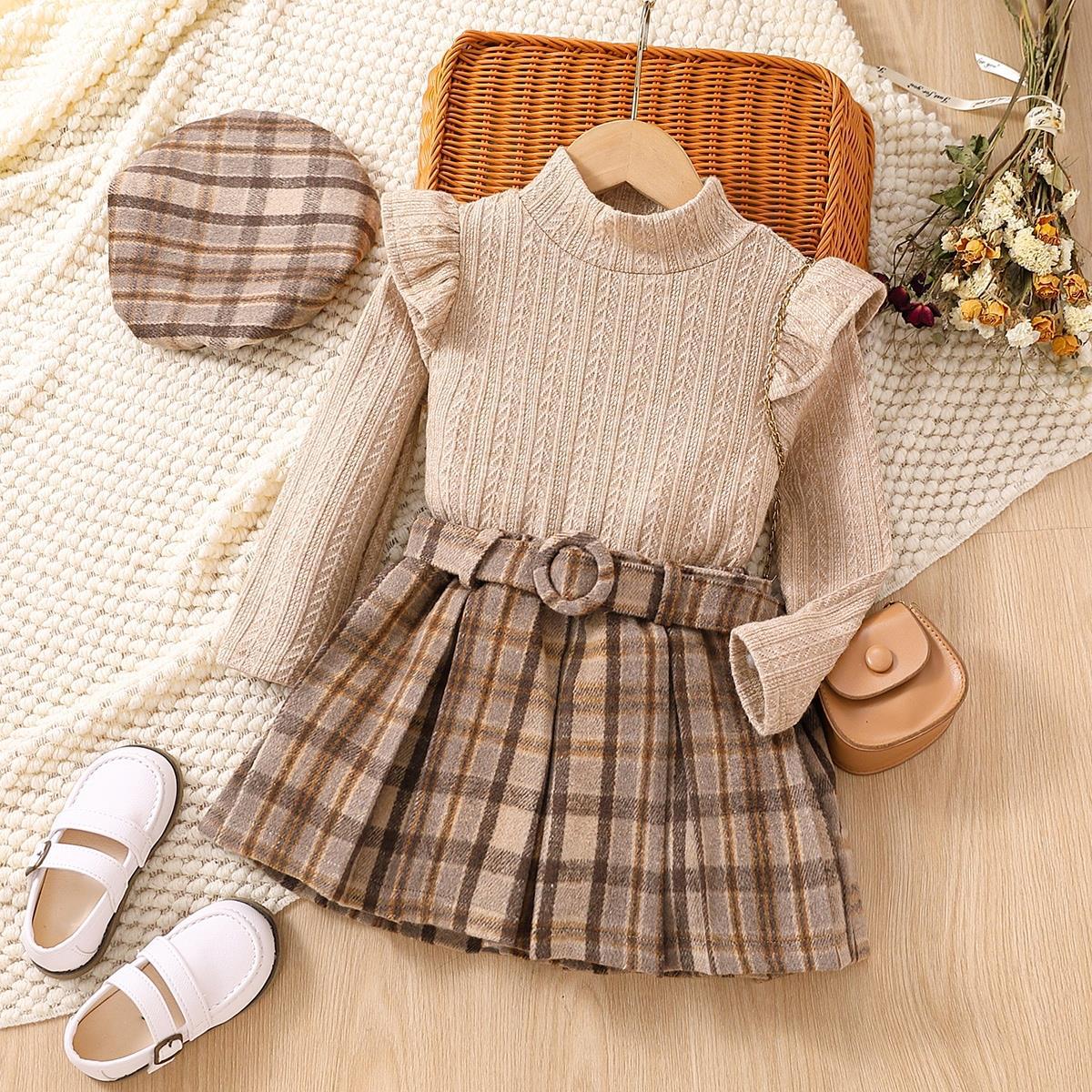 Children's Clothing Long-sleeved Lace Collar Plaid Pleated Children's Suit