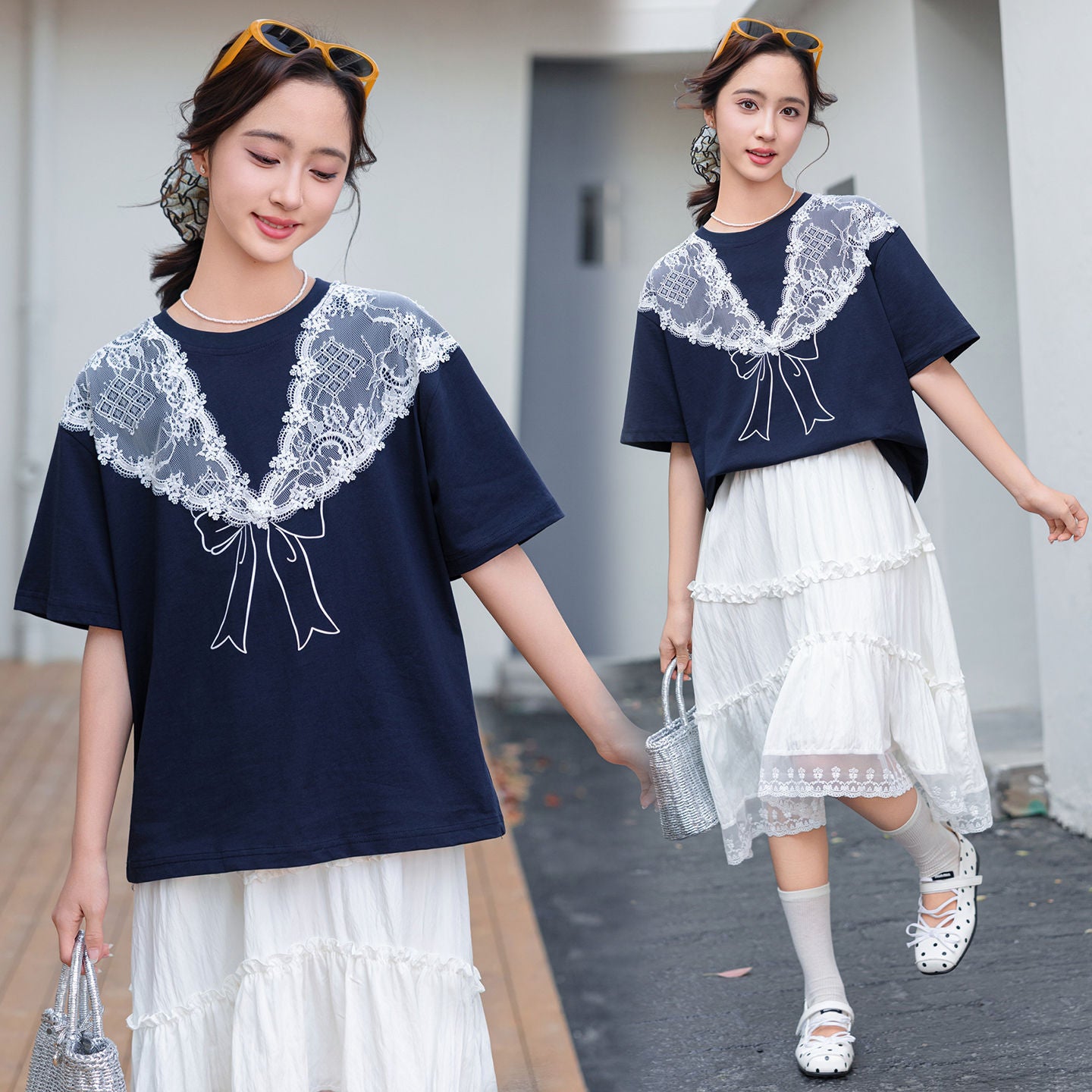 Women's Short Sleeve Large Size Loose Lace Patchwork Easy Matching Half Children's T-shirt