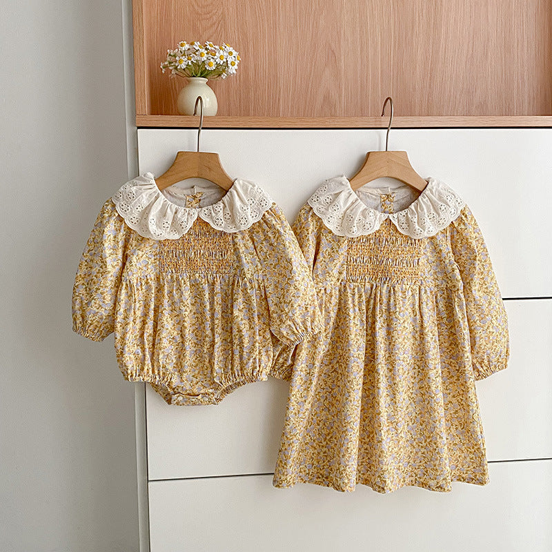 Children's Lapel Floral Long Sleeve Romper One-piece Children's Dress