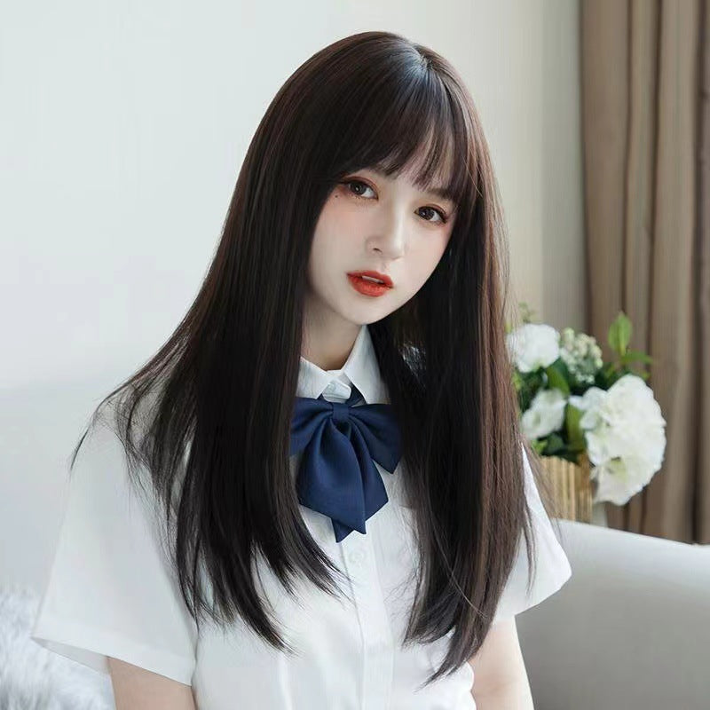 Women's Long Collarbone Length Haircut Air Bangs Natural Fluffy Short Round Real Hair Wig